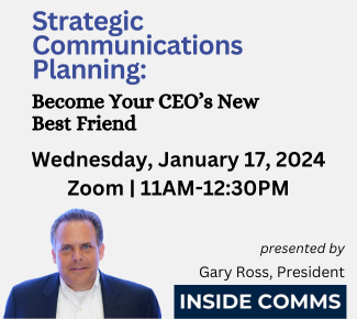 Gray background with photo of Gary Ross presenting Strategic Comms Planning meeting on Jan 17 2024 via Zoom from 11 to 12:30 PM