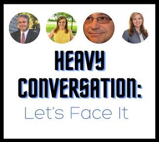 white background, black border. Copy reads, "Heavy Conversation: Let's Face It." at the top four circles with people's faces in them (Panel Experts)
