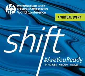 Copy on a blue & black wavy background: IABC World Conference - a virtual event 14-17 June #IABC20. Shift. #AreYouReady