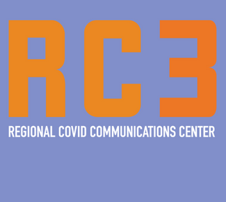 blue-gray background with 3 big letters in orange: RC3 and underneath, "Regional Covid Communications Center"