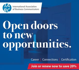 Blue background with IABC logo and the words: Unlock your potential. Join or renew now to receive 20% off International Dues 