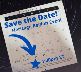 January 2022 calendar with arrow pointing to January 25 and 1:00pm ET; Heritage Region Event