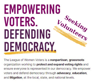 Graphic Treatment of "Empowering Voters. Defending Democracy. The League of Women Voters is a nonpartisan, grassroots organization working to protect and expand voting rights and ensure everyone is represented in our democracy. We empower voters and defend democracy through advocacy, education, and litigation, at the local, state, and national levels."
