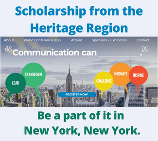 Background of New York skyline with words "Communication is" and balloons saying "Lead, Transform, Challenge, Innovate, Inspire" and the header Scholarship from Heritage Region 