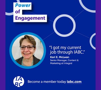 blue background with circle, a headshot of a middle-aged white woman, the quote, "I got my current job through IABC. - Kari E. McLean." 