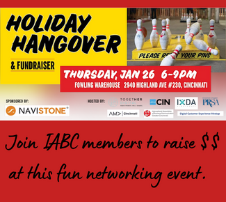 Words "Holiday Hangover & Fundraiser" on yellow, picture of bowling pins being knocked over by a football. Thursday, January 26 6-9pm. Join IABC members to raise $$ at this fun networking event.