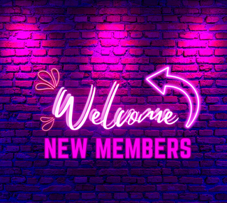 Pink brick wall with 3 spotlights shining down on the word "Welcome" in neon and the words "New Members" underneath. A pink neon arrow points up. 