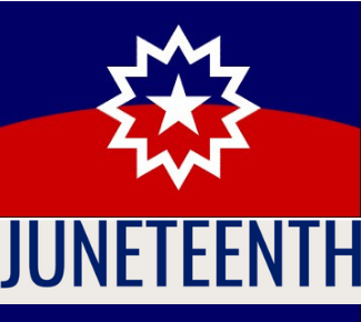 Blue and red background with a star in the middle (the Juneteenth flag( and the word: Juneteenth. 