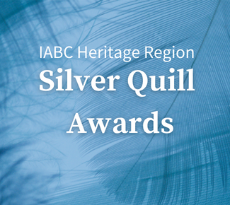 IABC Heritage Region Silver Quill Awards on a blue feathered background