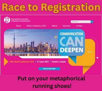 Pink background with skyline of Toronto and the words, "Communication can deepen" and the words "Race to Registration." 
