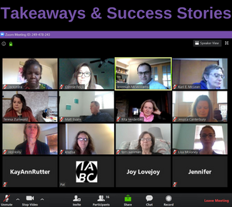 Zoom screenshot of virtual coffee with copy: Takeaways & Success Stories
