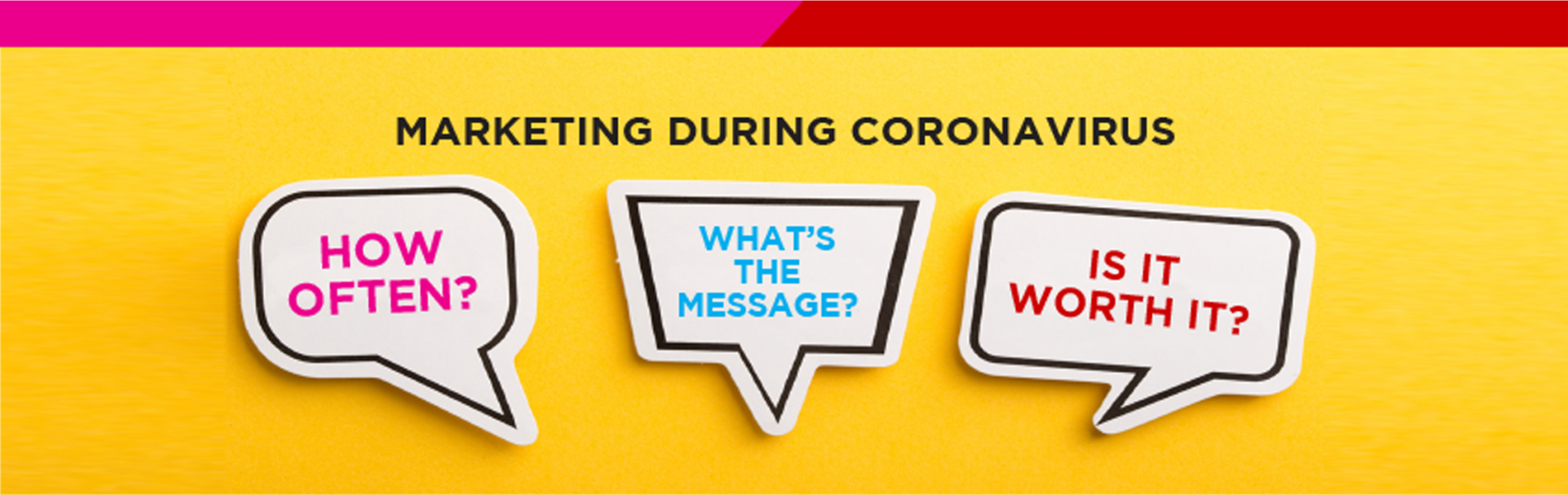 Yellow background, with copy: "Marketing During Coronavirus" with 3 speech bubbles. #1 "How Often?" #2: "What's the Message?"  #3: "Is it worth it?" Then, "Asking the right questions. Download a white paper on "Should you adjust your marketing strategy?"
