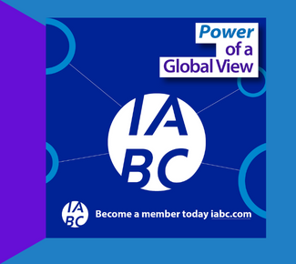 The Power of a Global View - blue background with circles and the IABC logo in the center
