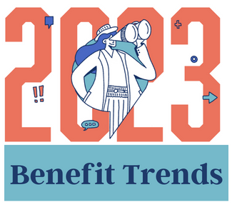 Large orange-red 2023 with woman line drawing in the middle looking through binoculars. Underneath, blue rectangle with the words, "Benefit Trends."