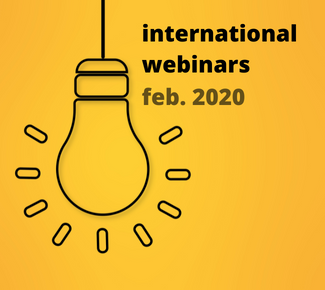 Gold background with a line drawing of a lightbulb. The copy reads, "international webinars feb. 2020."