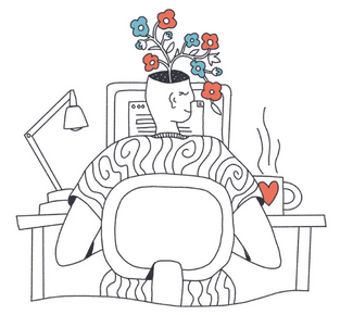 line drawing of person at desk looking at their computer with blue & red flowers coming out of their head. On the table to the left, a lamp. On the table to the right, a coffee cup with steaming rising up and a heart on the cup. 