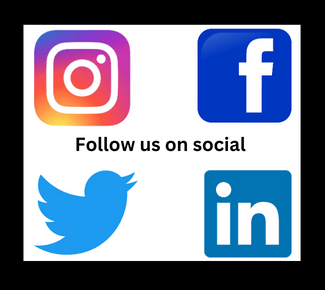 Black square with white center, and logos for instagram, facebook, twitter, and linkedin with the words, "follow us on social" in the middle. 