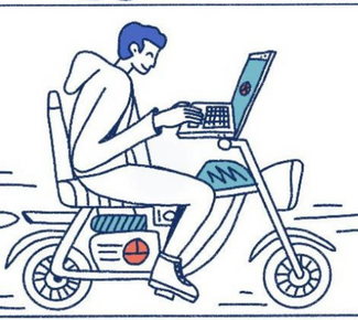 Cartoon boy on an electric bike with a laptop on the handle bars.
