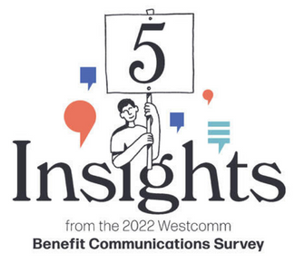 Line drawing of man holding a sign with the #5 on it. Words say, "Insights from the 2022 Westcomm Benefit Communication Survey.