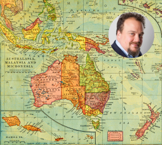 Map of Micronesia and more, with a headshot of Mike Klein - middle-aged white guy with brown hair and a beard