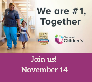 One Cincinnati Childrens: A Celebration for the City- November 14, 2023 11:30am - 1:00pm SAVE THE DATE (against a background of rays and the Childrens logo)